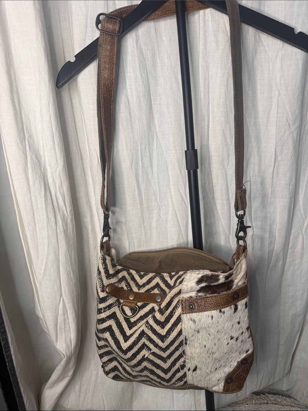 Myra bag Chevron & Haircalf Mixed-Panel Crossbody Bag in Brown and Cream